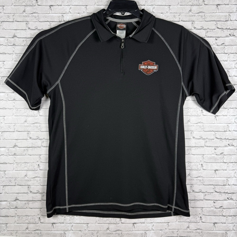 Mens Black Harley Davidson Short Sleeve Polo Size Large Quarter Zip